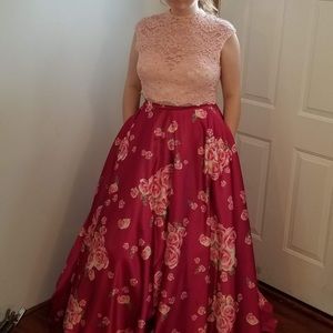 2 piece rose pink prom dress